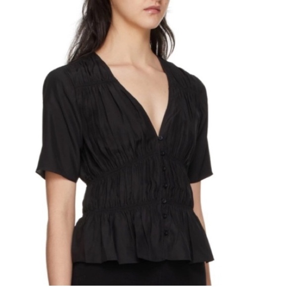 Frame Silk V-Neck Shirred Blouse Black Size Large - Picture 1 of 10
